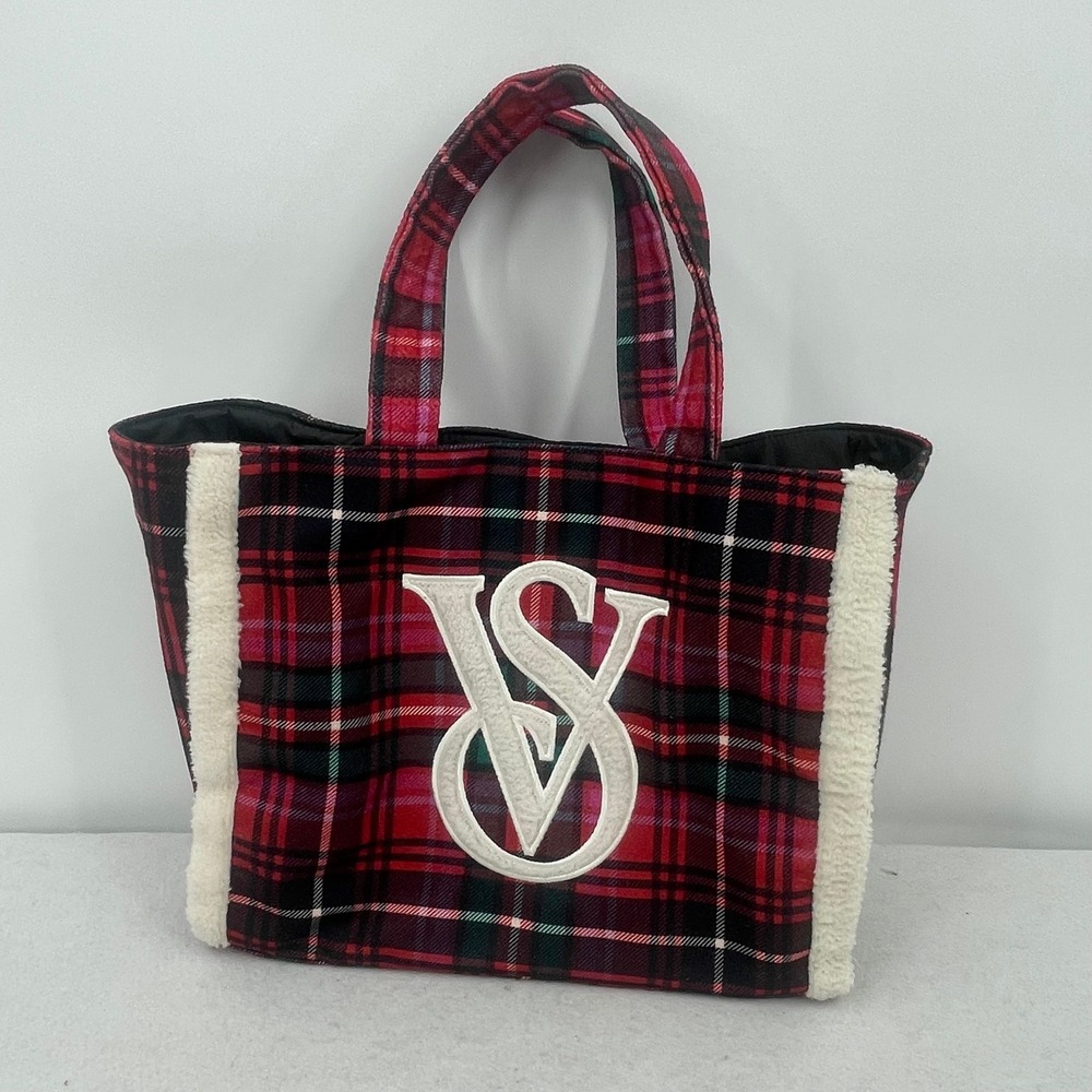 Victoria's Secret Red Plaid Sherpa Trim Tote Bag VS Logo Holiday Winter Handbag